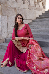 Premium Chinon Silk Designer Rani Pink Shaded Dress With Detailed Embroidery and Work